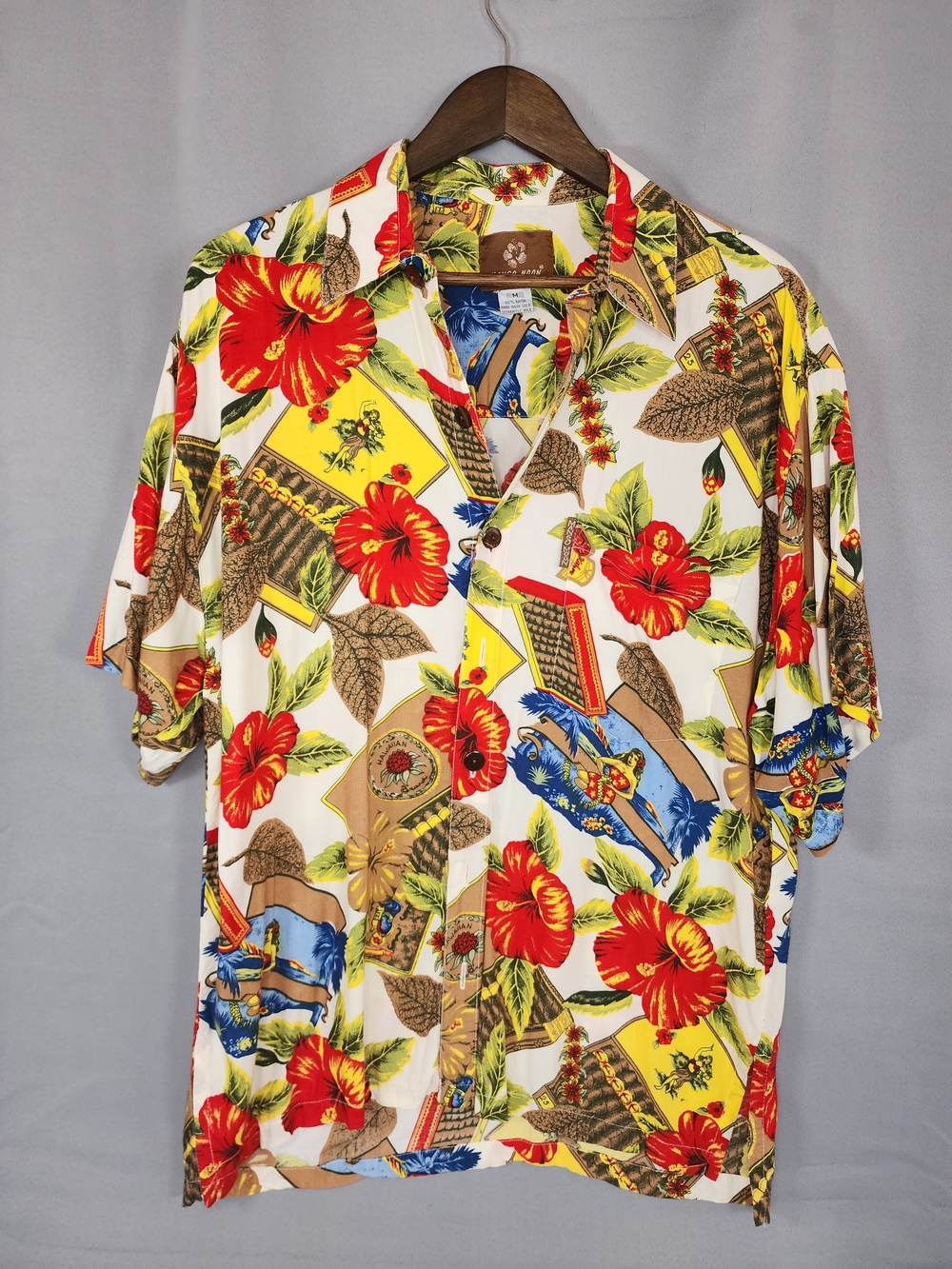 Vintage Mango Moon Hawaiian Men's Casual Hibiscus Hula Button-Down Shirt Rayon